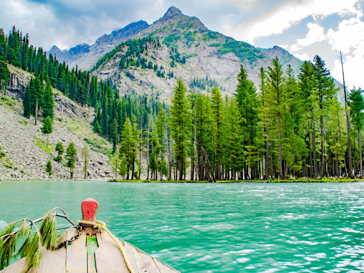 Mahodand Lake — emerald alpine lake surrounded by pine forest and snow peaks near Kalam